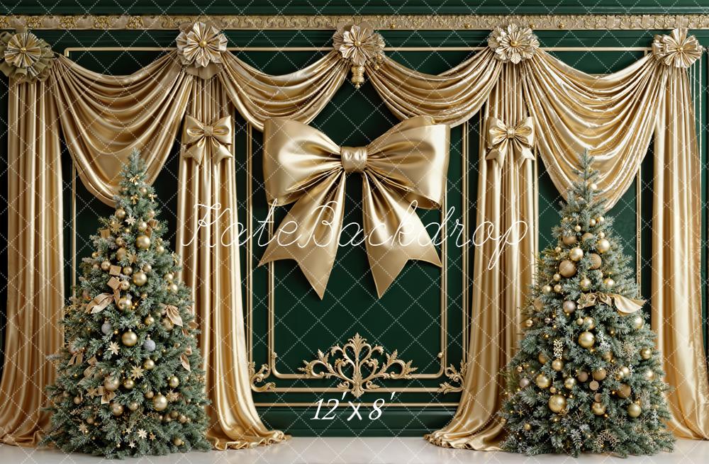 Kate Christmas Gold Bow Trees Curtains Backdrop Designed by Emetselch