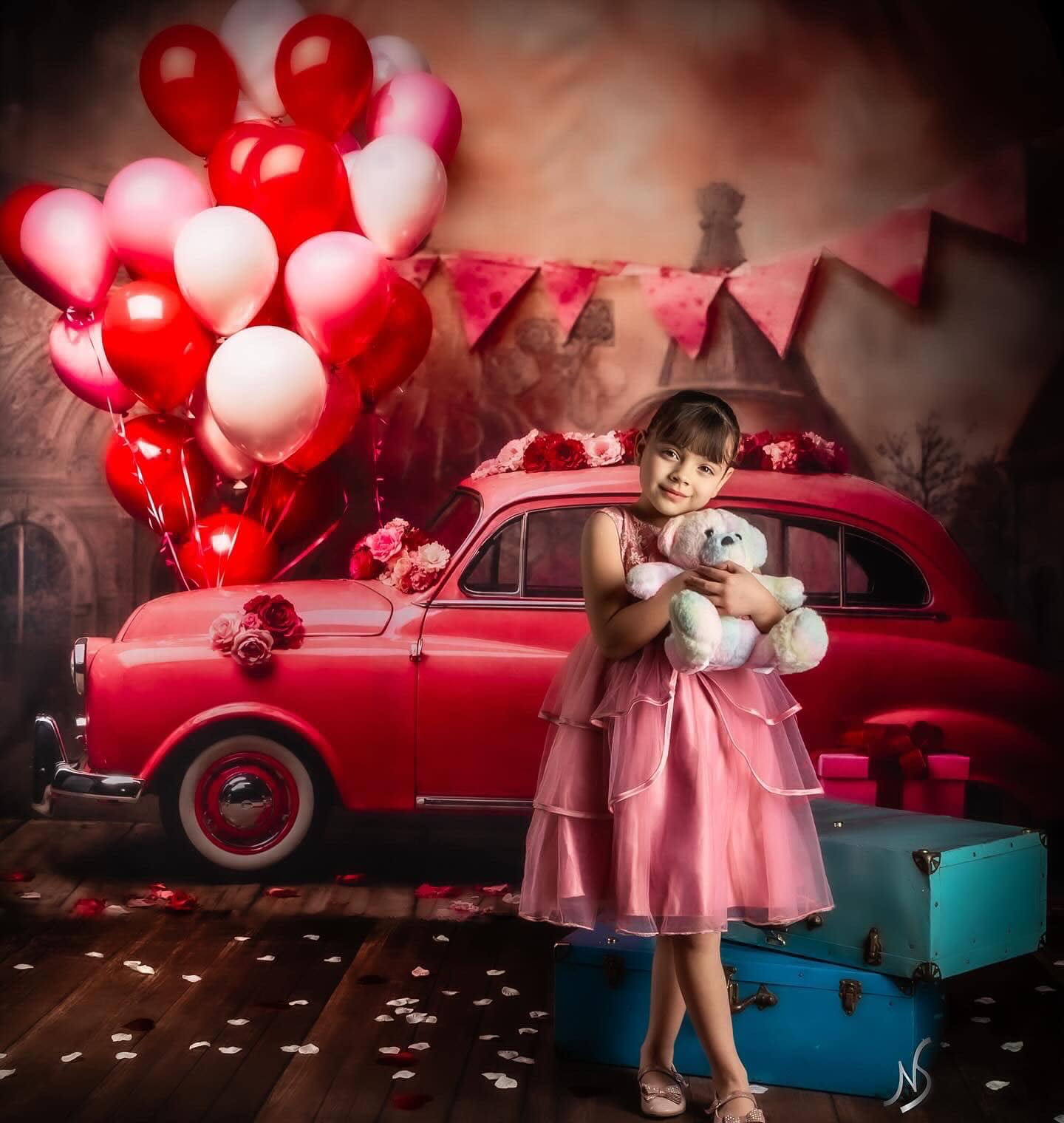 Kate Valentine's Day Pink Car Balloon Backdrop Designed by Emetselch - Kate Backdrop AU