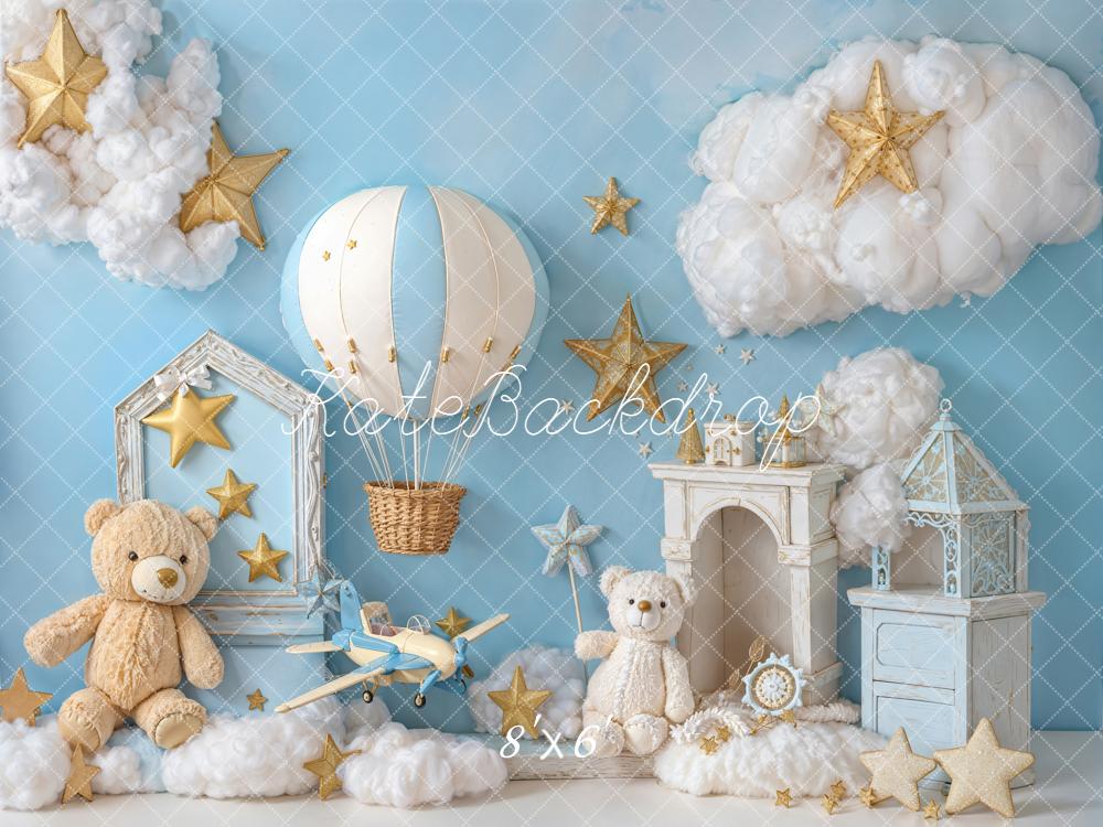 Kate Teddy Bear Hot Air Balloon Stars Clouds Fleece Backdrop Designed by Emetselch