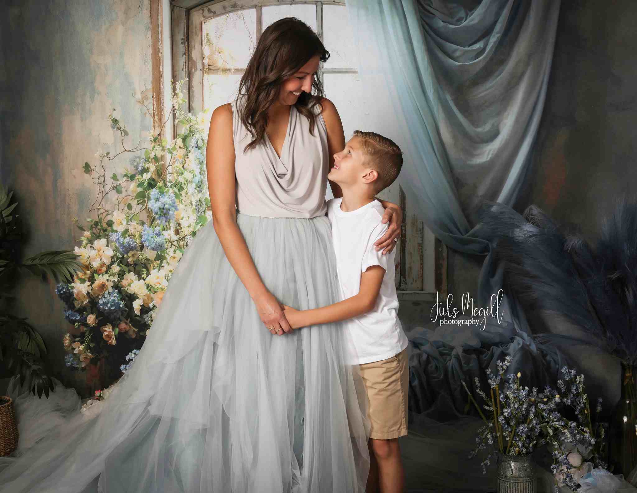 Kate Spring Blue Curtains Flowers Windows Room Backdrop Designed by Emetselch - Kate Backdrop AU