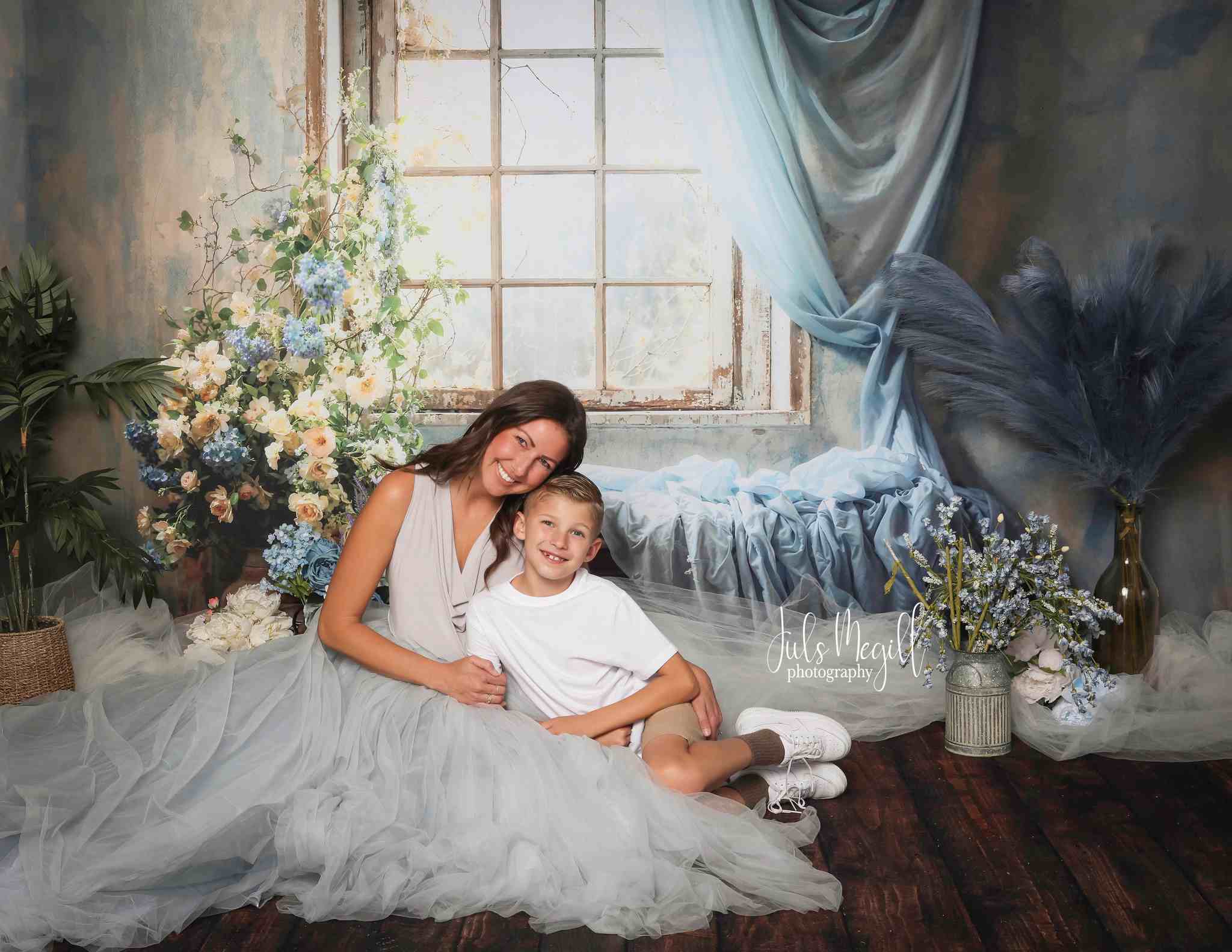 Kate Spring Blue Curtains Flowers Windows Room Backdrop Designed by Emetselch - Kate Backdrop AU