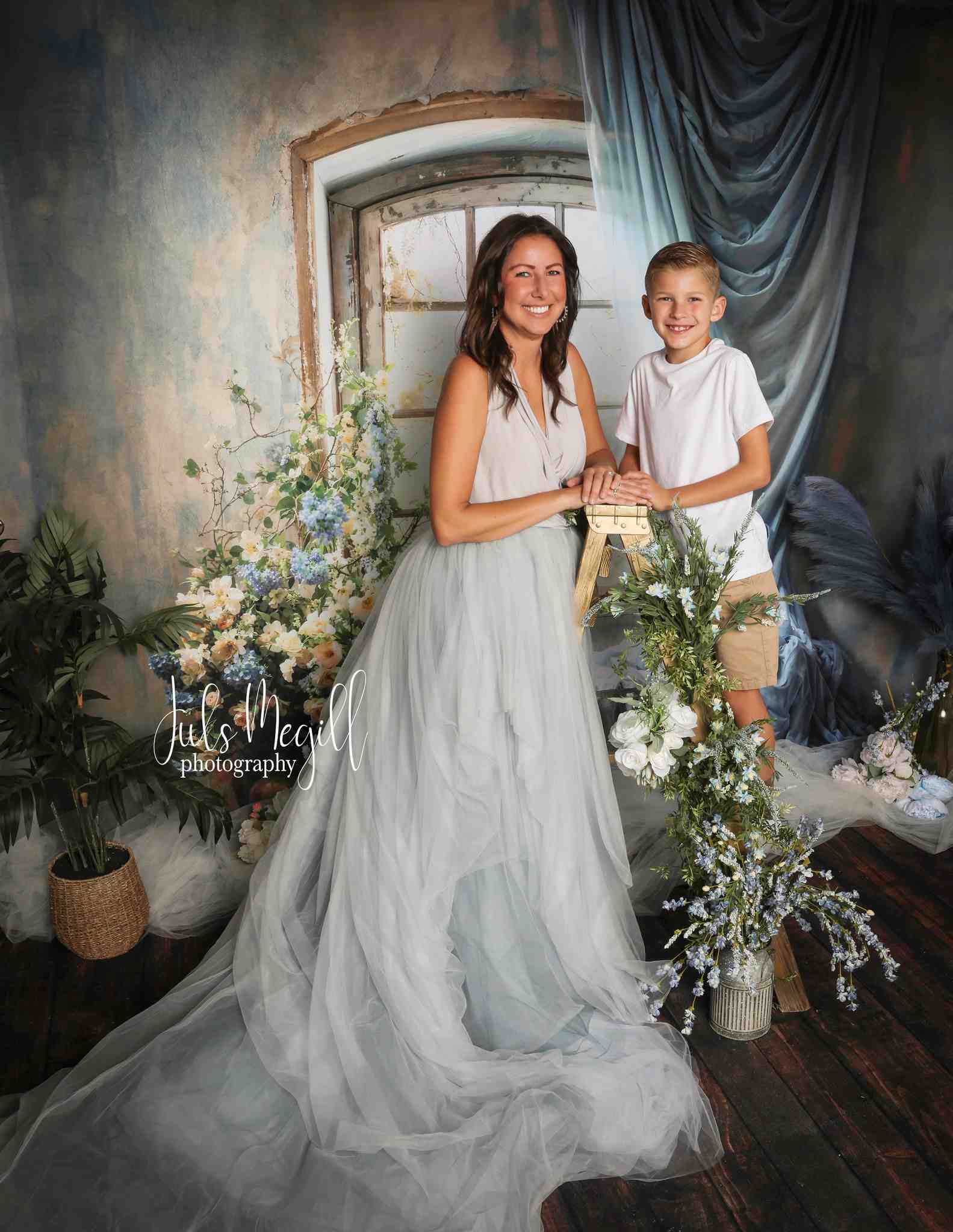 Kate Spring Blue Curtains Flowers Windows Room Backdrop Designed by Emetselch - Kate Backdrop AU