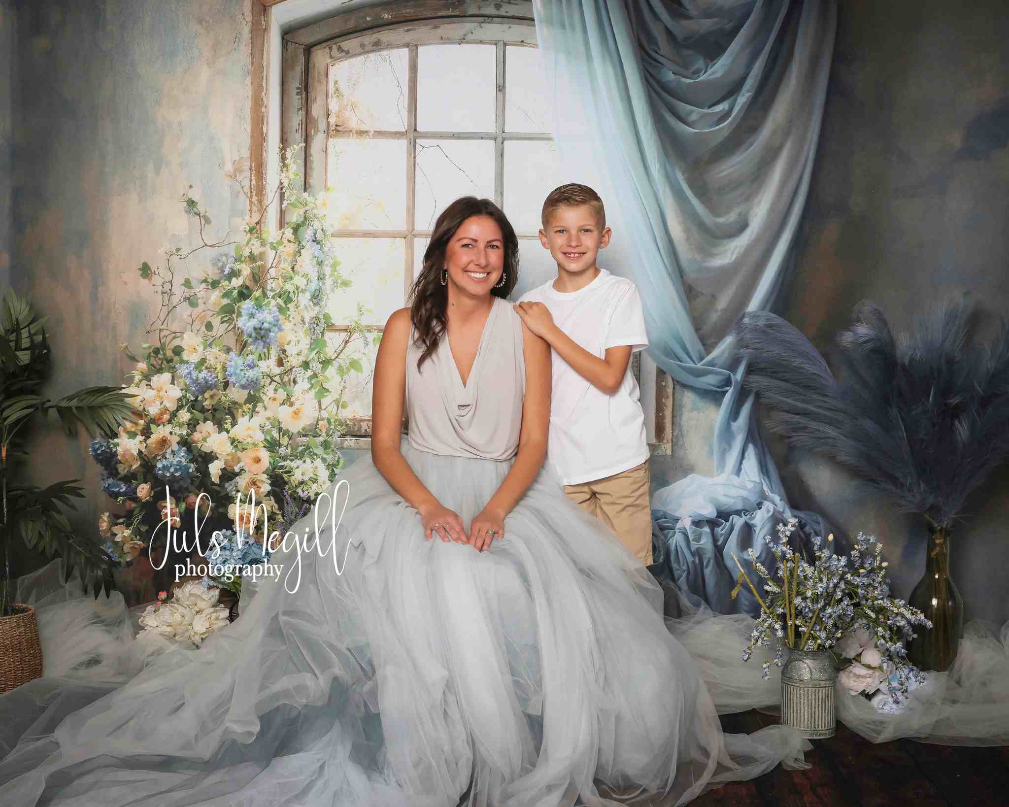 Kate Spring Blue Curtains Flowers Windows Room Backdrop Designed by Emetselch - Kate Backdrop AU