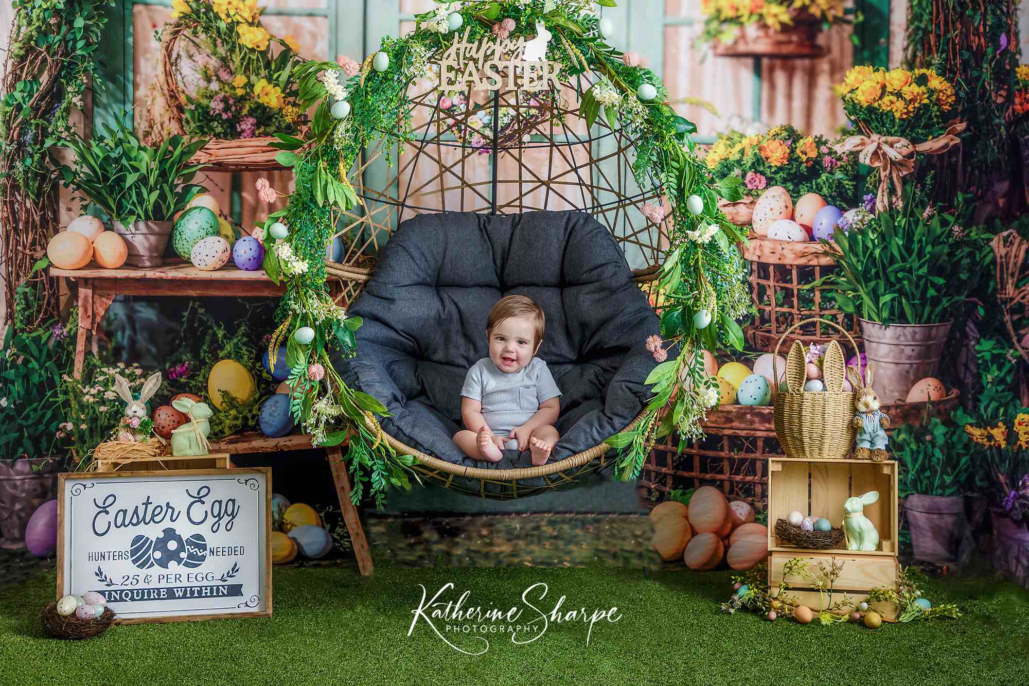 Kate Easter Backdrop Eggs Flowers Green Plants Rabbit Room Designed by Emetselch - Kate Backdrop AU