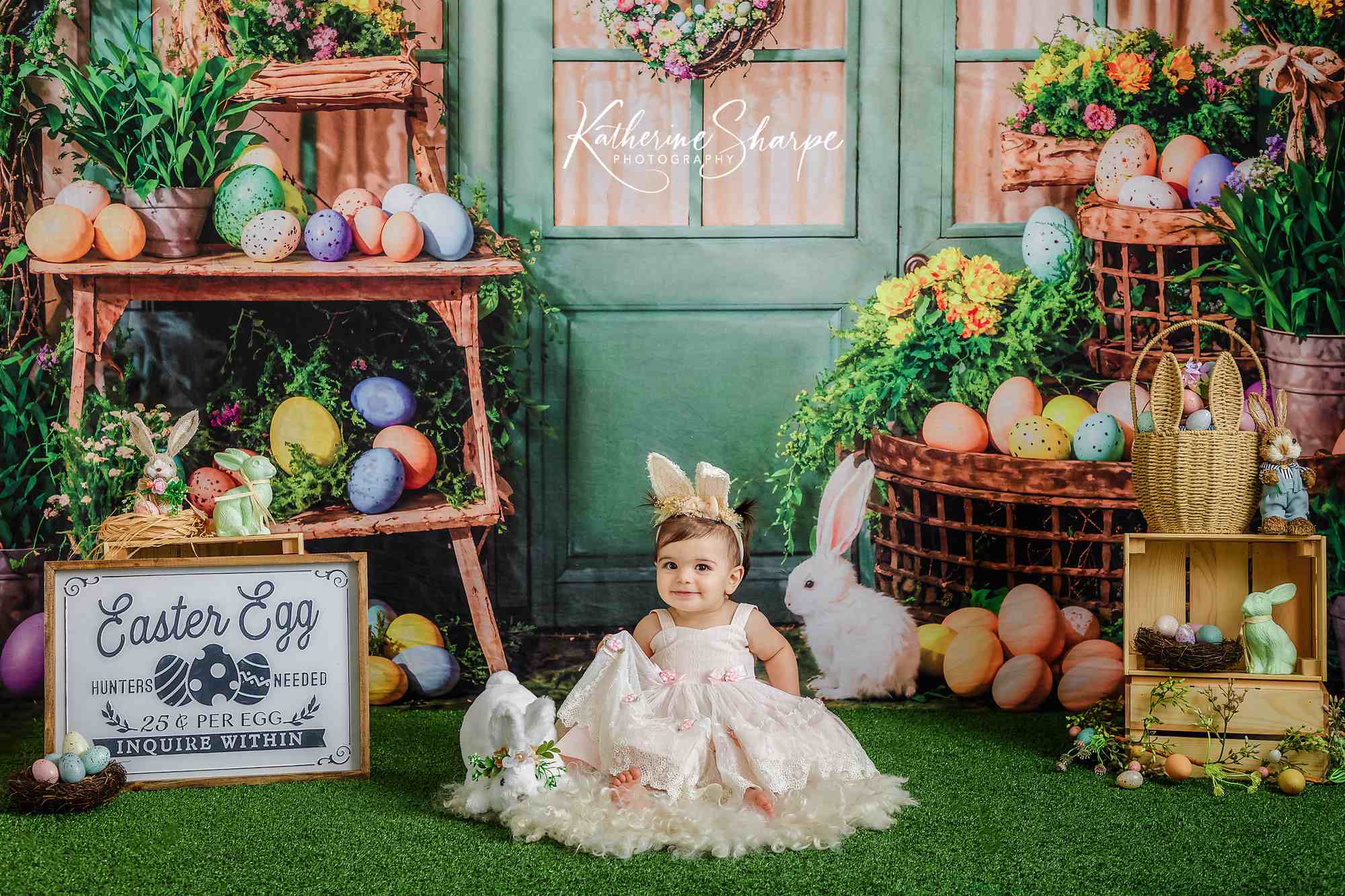 Kate Easter Backdrop Eggs Flowers Green Plants Rabbit Room Designed by Emetselch - Kate Backdrop AU