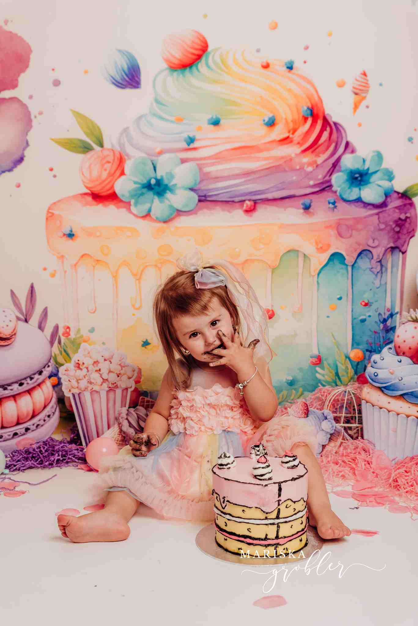 Kate Rainbow Colorful Cake Floral Backdrop Designed by Patty Robertss - Kate Backdrop AU