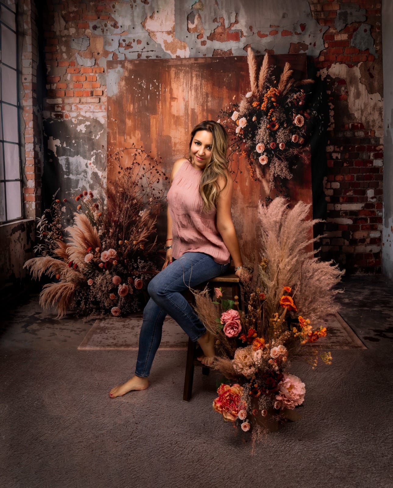 Kate Boho Dark Brown Backdrop Indoor Reed Floral Old Brick Wall Designed by Emetselch - Kate Backdrop AU