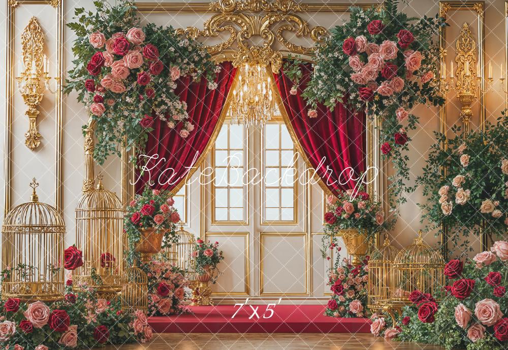 Kate Wedding Roses Gold Red Curtains Backdrop Designed by Emetselch