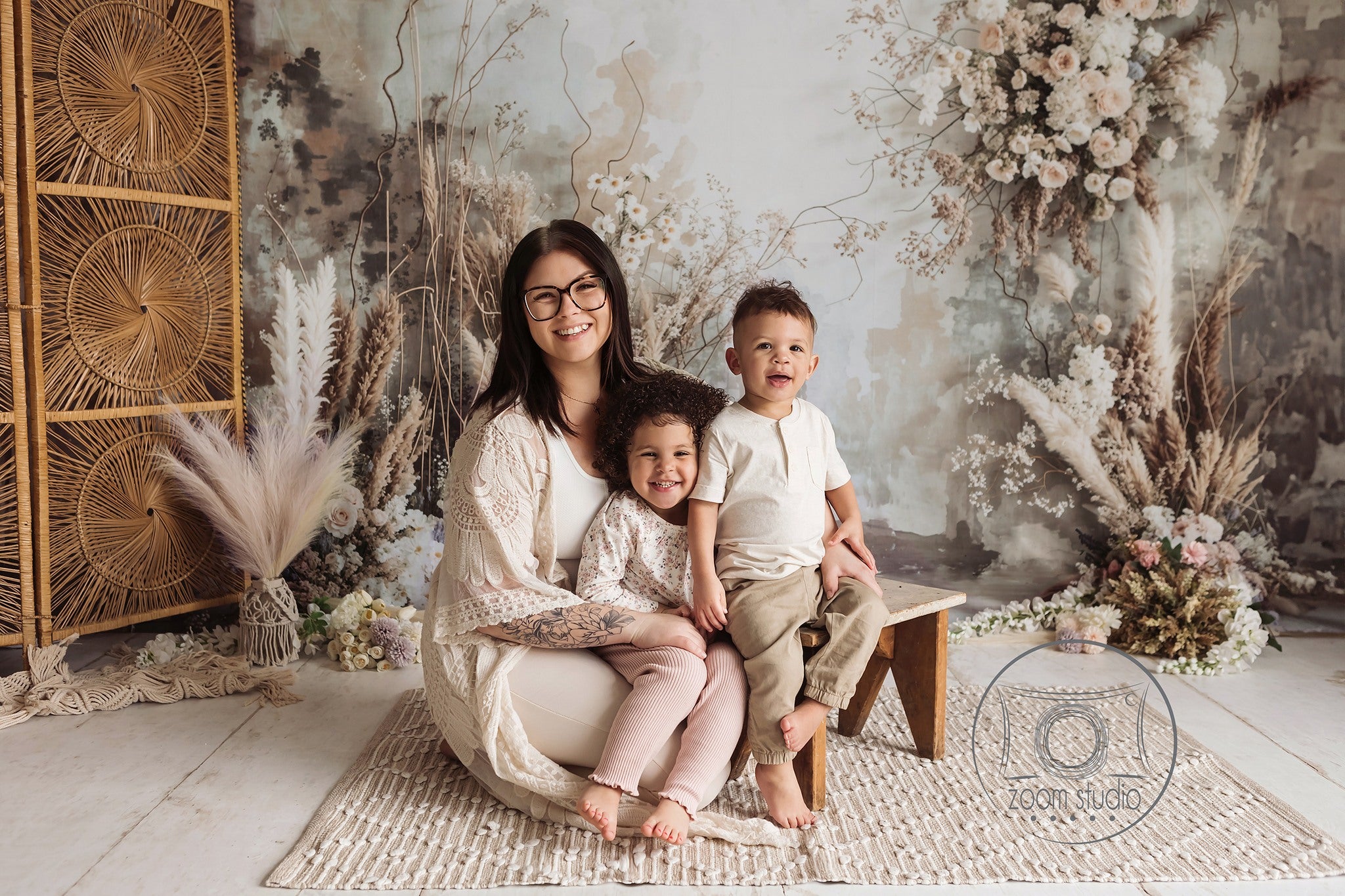 Mom sat with us in front of the Dried Flowers backdrop