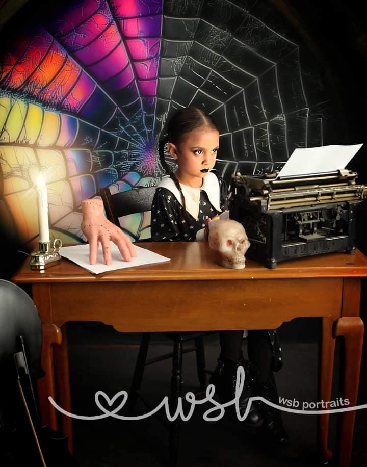 Kate Spooky Halloween Backdrop Attic Dorm Room Colorful Spiderweb Window Designed by Mini MakeBelieve - Kate Backdrop AU