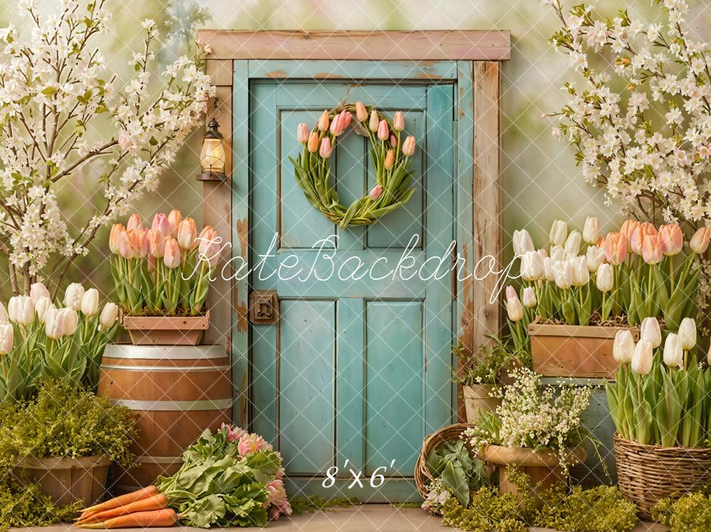 LONSALE Kate Spring Blue Door Tulips Blossoms Fleece Backdrop Designed by Emetselch
