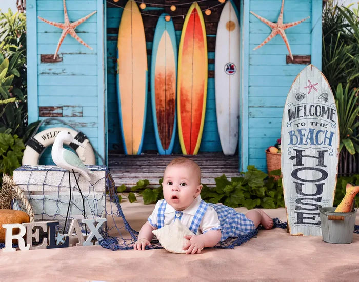 Kate Blue Wooden Surfboard Shop Backdrop Summer Sea Beach for Photography