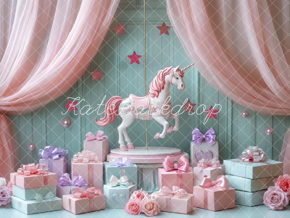 Kate Unicorn Carousel Pink Curtains Gift Boxes Backdrop Designed by Mini MakeBelieve - Kate Backdrop AU