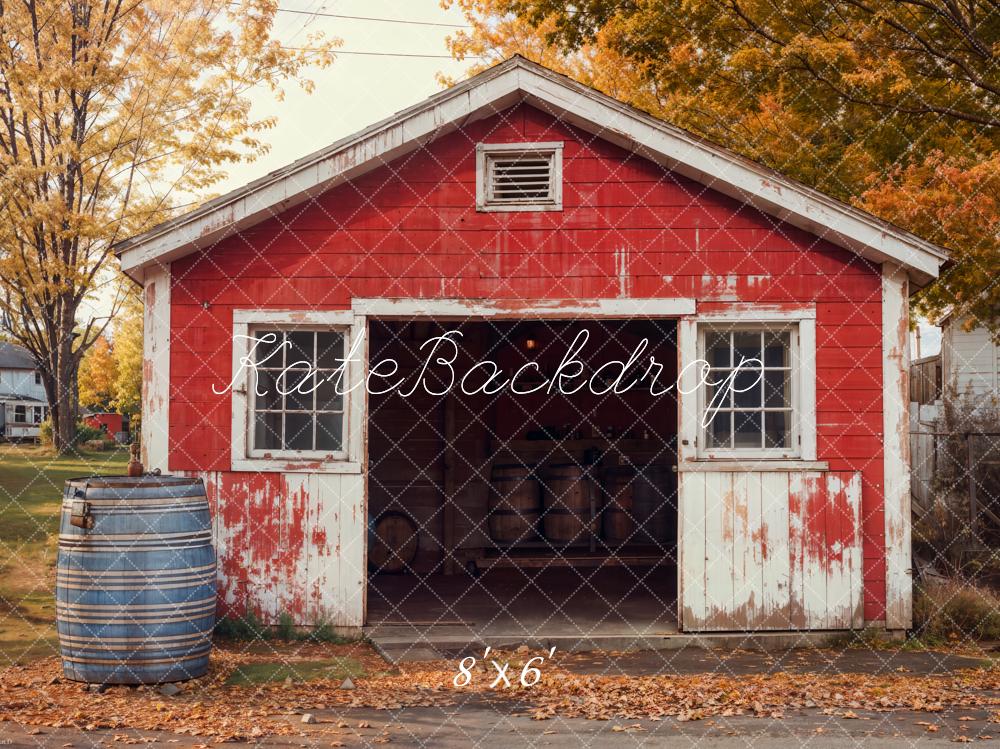 Kate Autumn Red Shed Weathered Barrel Backdrop Designed by Emetselch - Kate Backdrop AU