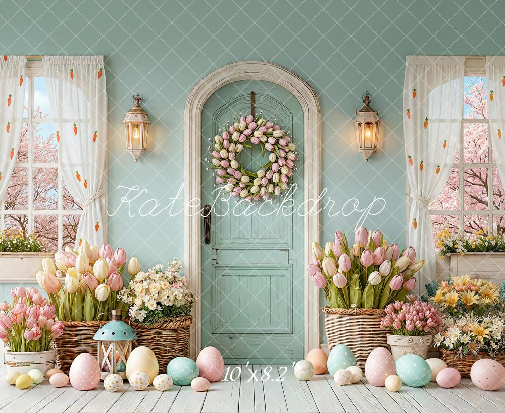 Kate Easter Pastel Eggs Flowers Door Fleece Backdrop Designed by Emetselch