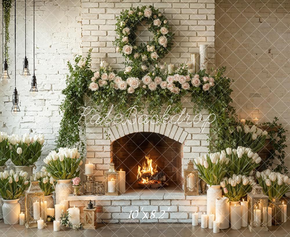 Kate Spring Brick Fireplace Floral Candles Backdrop Designed by Emetselch