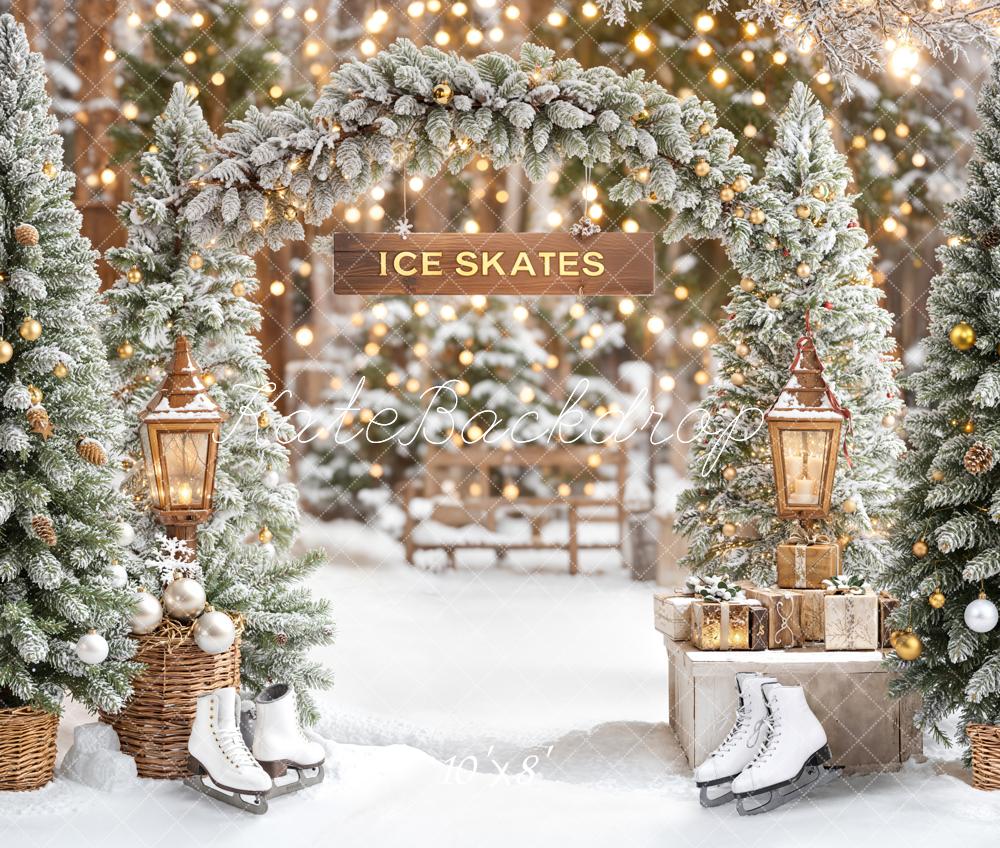 Kate Christmas Ice Skates Snowy Trees Arch Fleece Backdrop Designed by Emetselch - Kate Backdrop AU