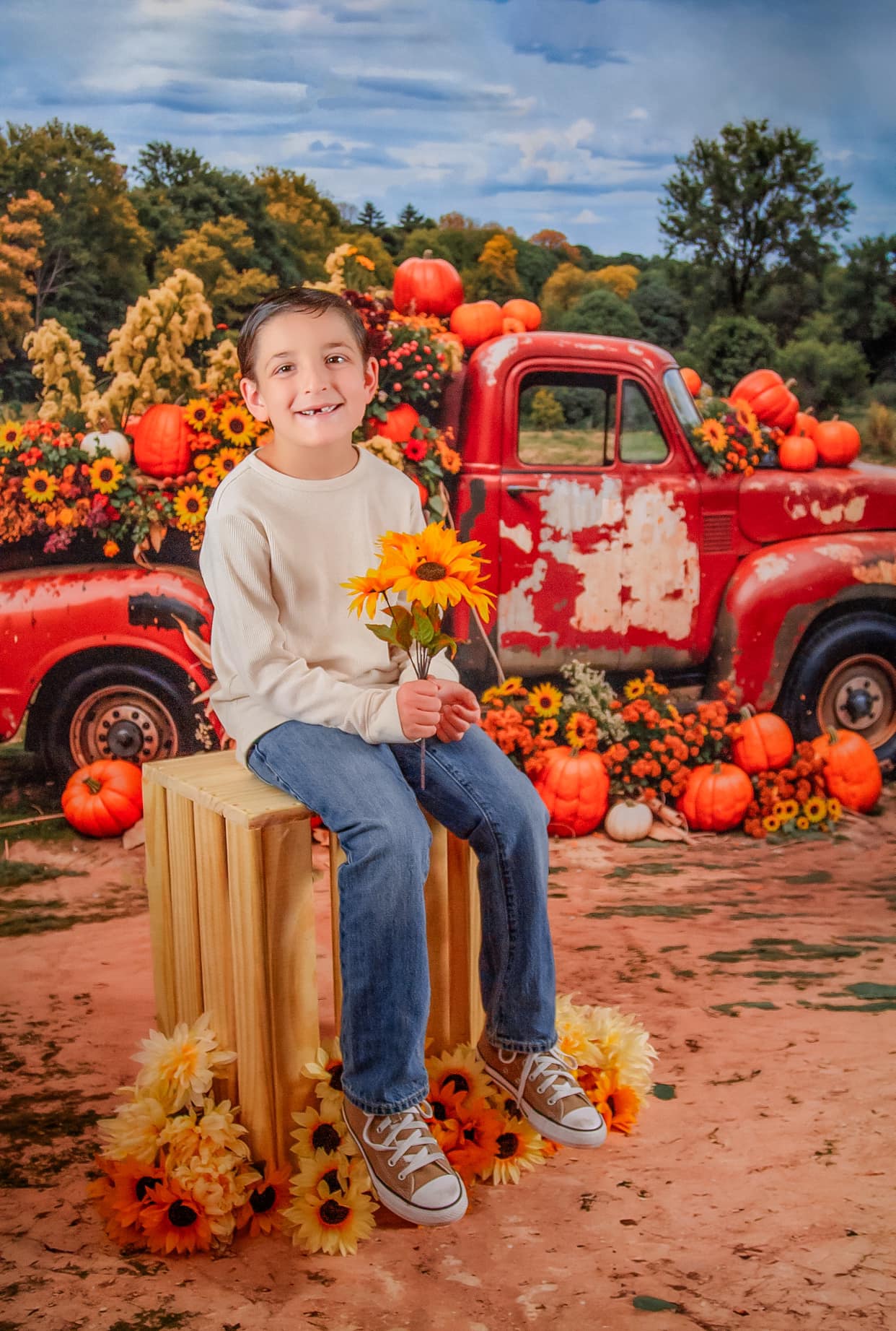 Kate Autumn Pumpkin Truck Backdrop+Muddy Road Floor Backdrop - Kate Backdrop AU