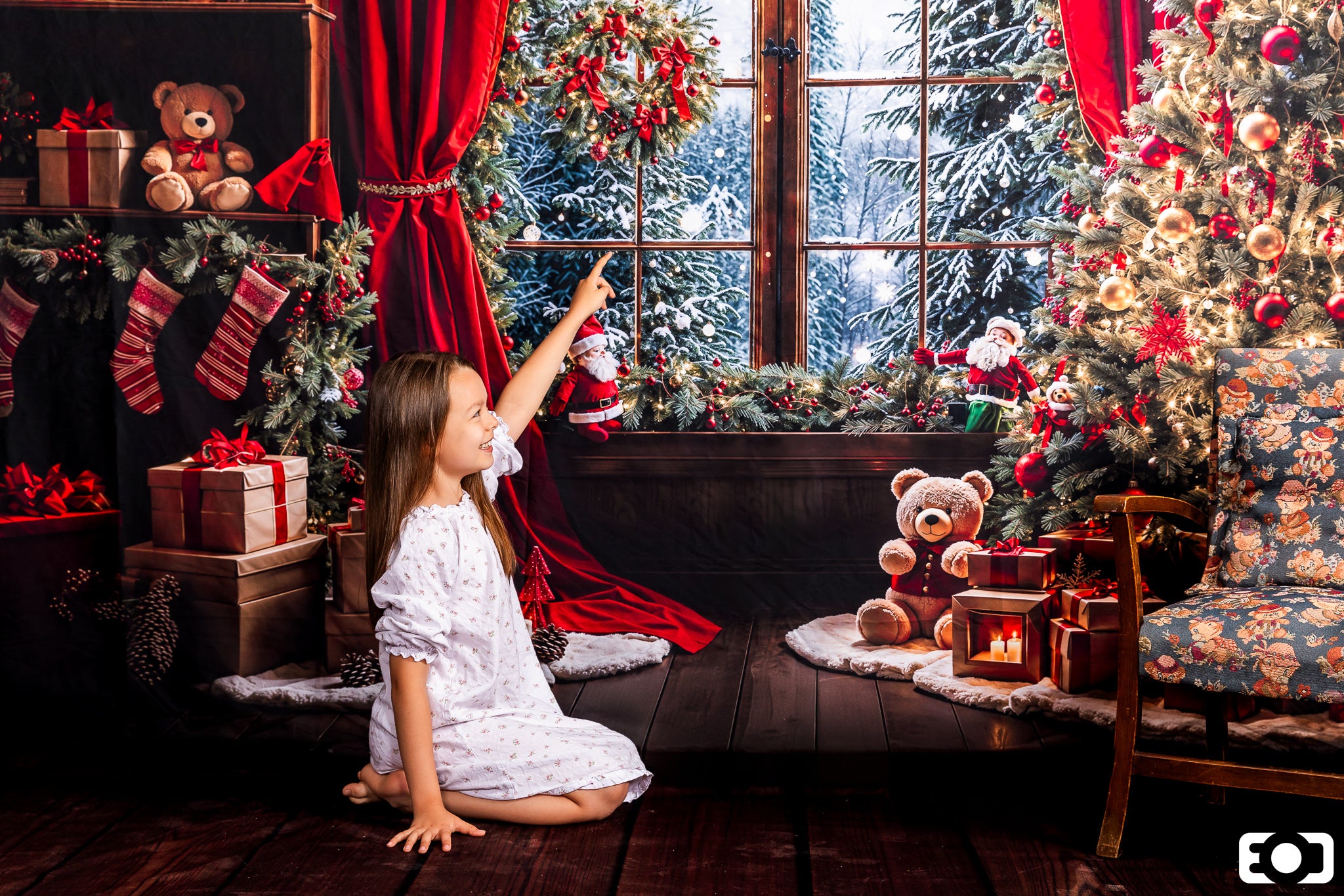 Kate Winter Christmas Red Curtain Window Backdrop Designed by Emetselch - Kate Backdrop AU