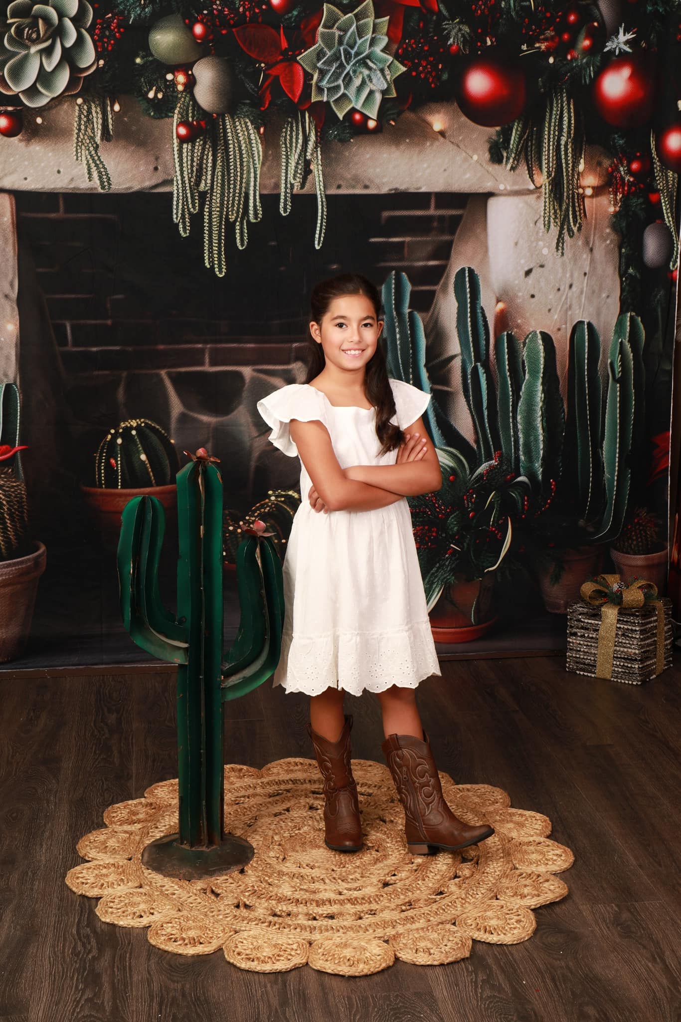 Kate Christmas Backdrop Wild West Green Cactus Brick Fireplace Designed by Patty Robert - Kate Backdrop AU
