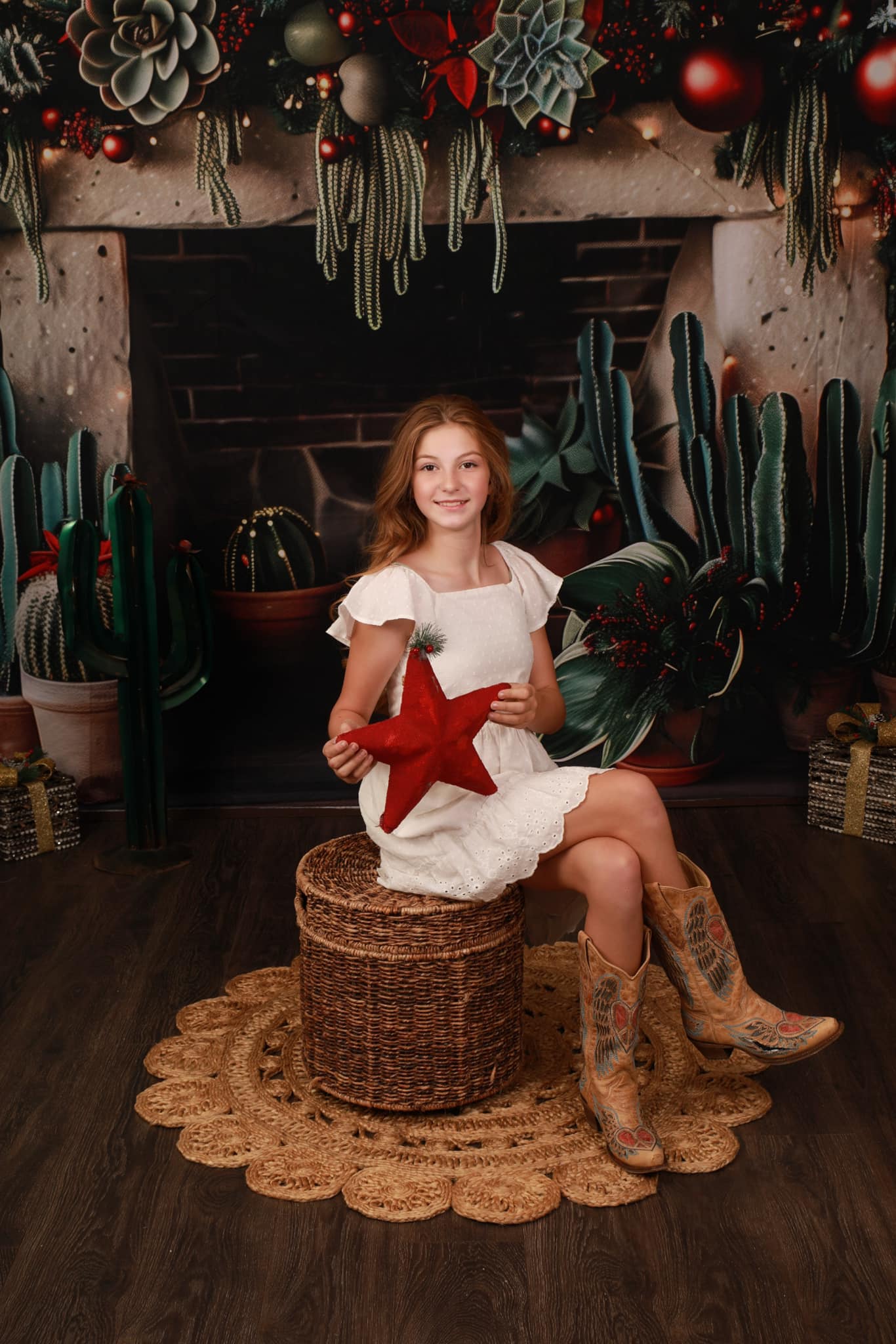 Kate Christmas Backdrop Wild West Green Cactus Brick Fireplace Designed by Patty Robert - Kate Backdrop AU
