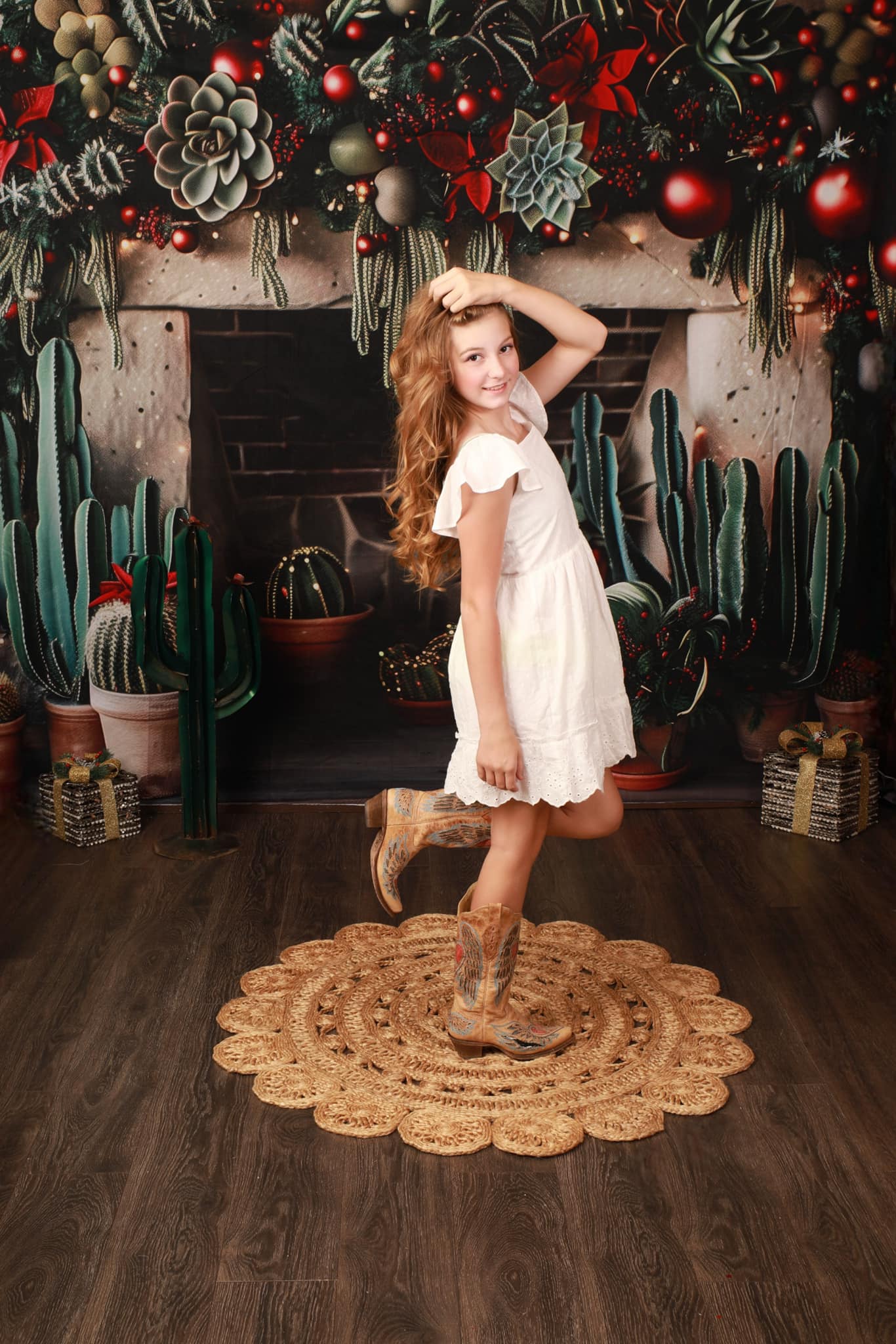 Kate Christmas Backdrop Wild West Green Cactus Brick Fireplace Designed by Patty Robert - Kate Backdrop AU