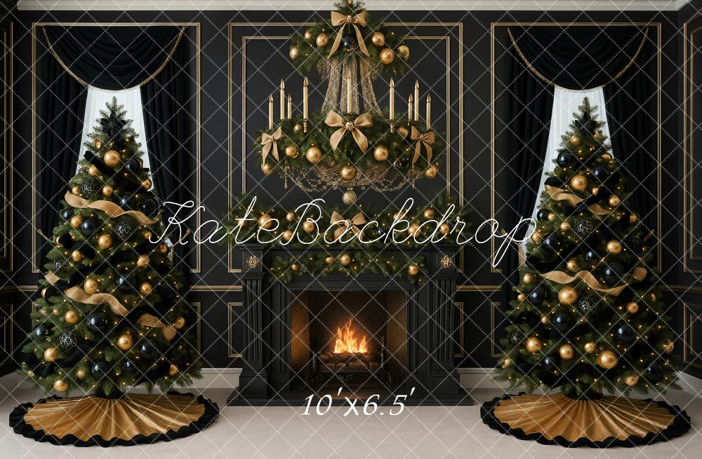 Kate Christmas Black Gold Trees Fireplace Backdrop Designed by Ashley Paul