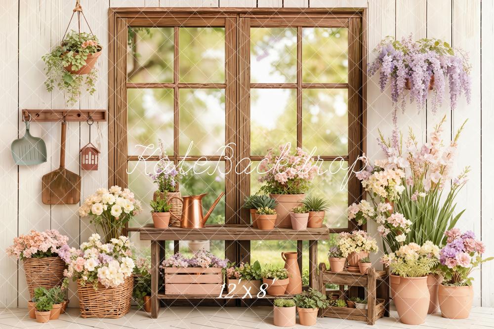 Kate Spring Flower Pots Wooden Window Backdrop Designed by Emetselch