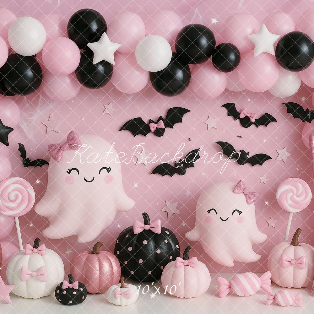 Kate Halloween Ghost Balloons Pumpkins Backdrop Designed by Ashley Paul - Kate Backdrop AU
