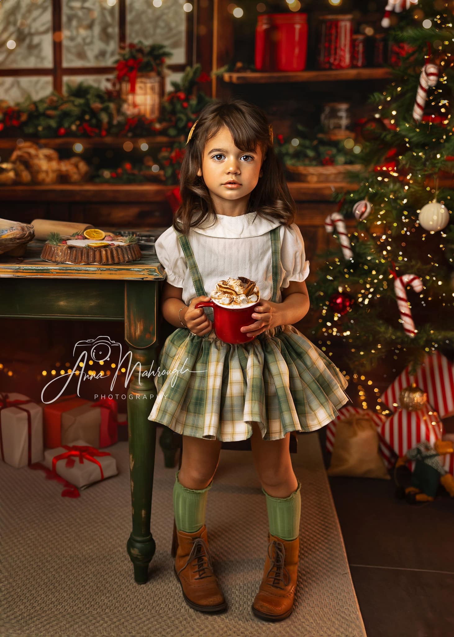 Kate Christmas Kitchen Backdrop Brown Wooden Cabinets Red Stocking Designed by Emetselch - Kate Backdrop AU