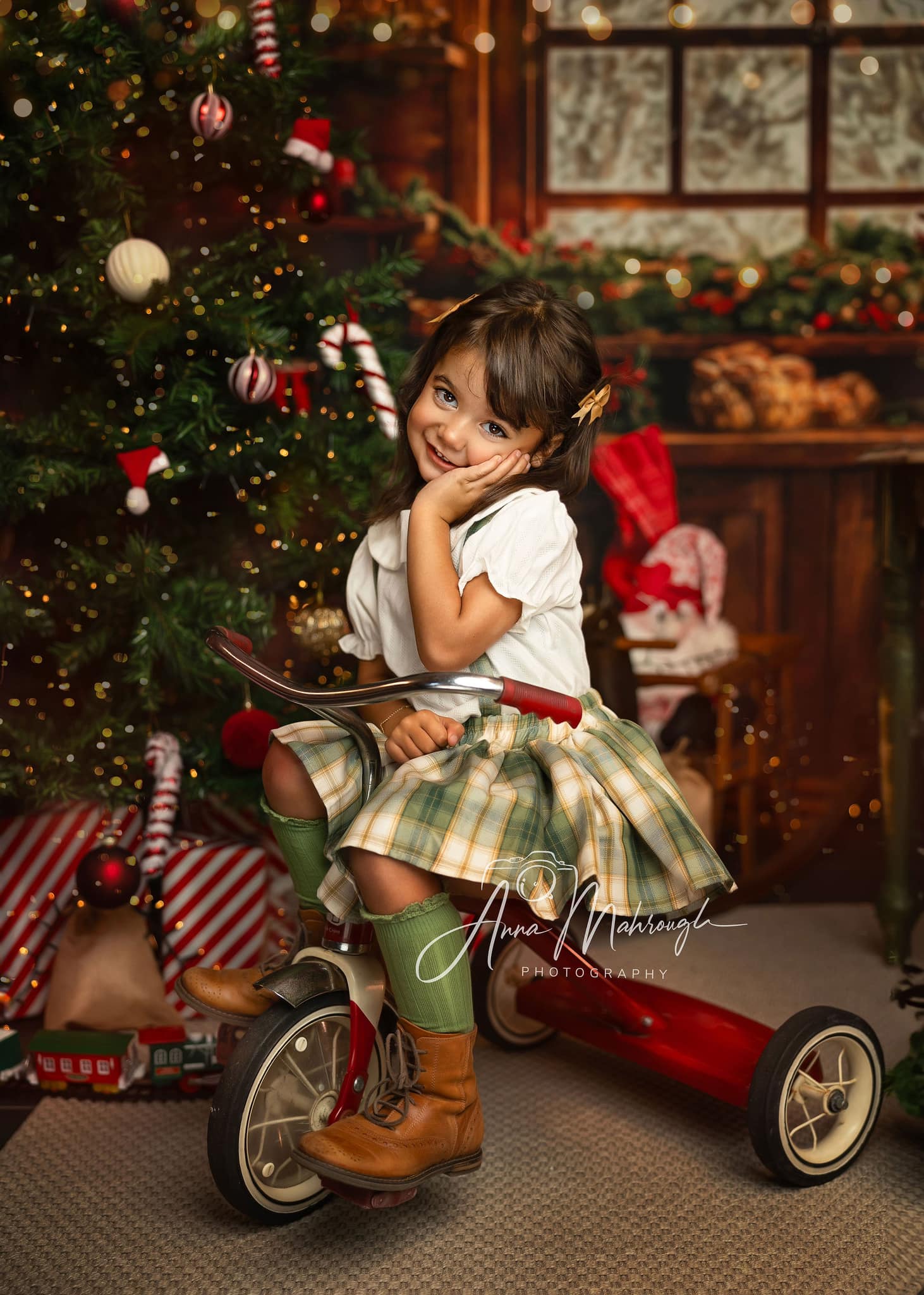 Kate Christmas Kitchen Backdrop Brown Wooden Cabinets Red Stocking Designed by Emetselch - Kate Backdrop AU