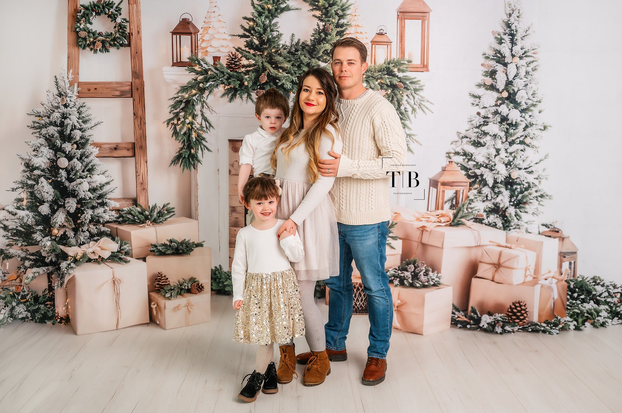 Kate Christmas Tree White Fireplace Gift Box Backdrop Designed by Emetselch - Kate Backdrop AU