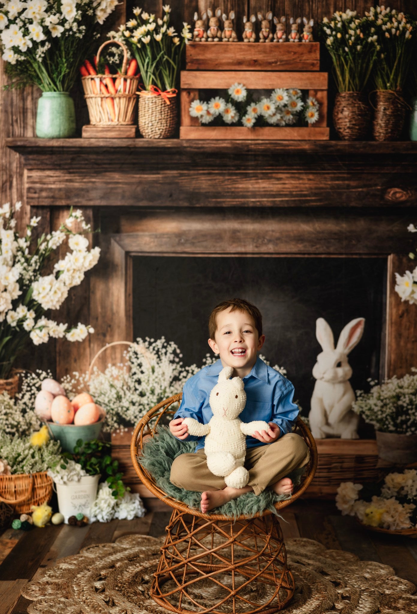 Kate Easter Fireplace Bunny Rustic Floral Backdrop Designed by Emetselch - Kate Backdrop AU