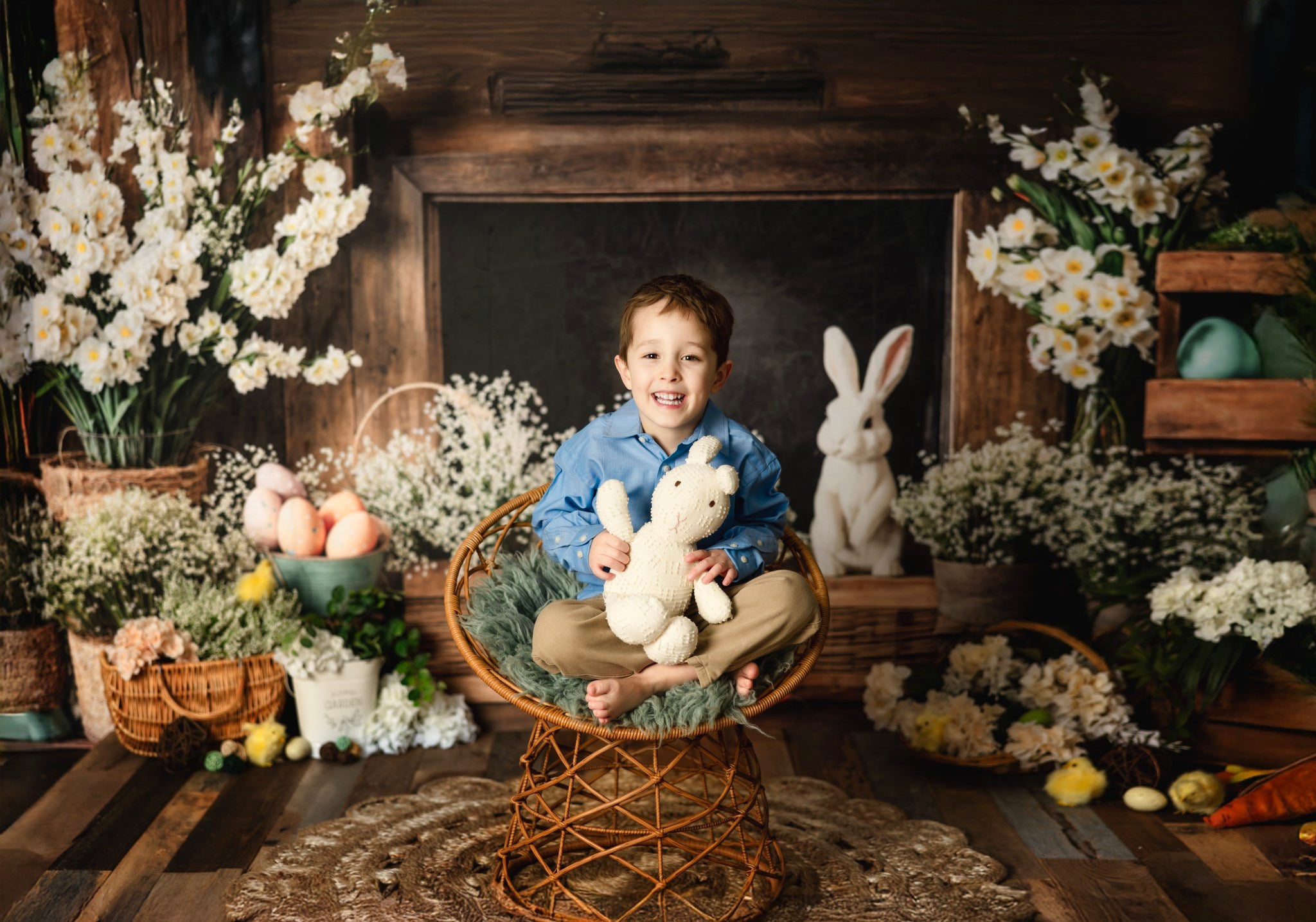 Kate Easter Fireplace Bunny Rustic Floral Backdrop Designed by Emetselch - Kate Backdrop AU