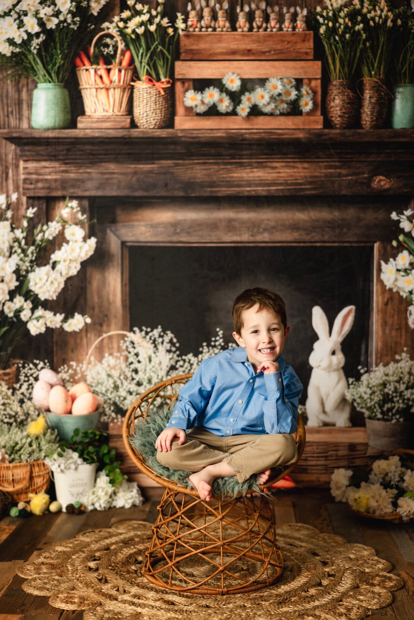 Kate Easter Fireplace Bunny Rustic Floral Backdrop Designed by Emetselch - Kate Backdrop AU
