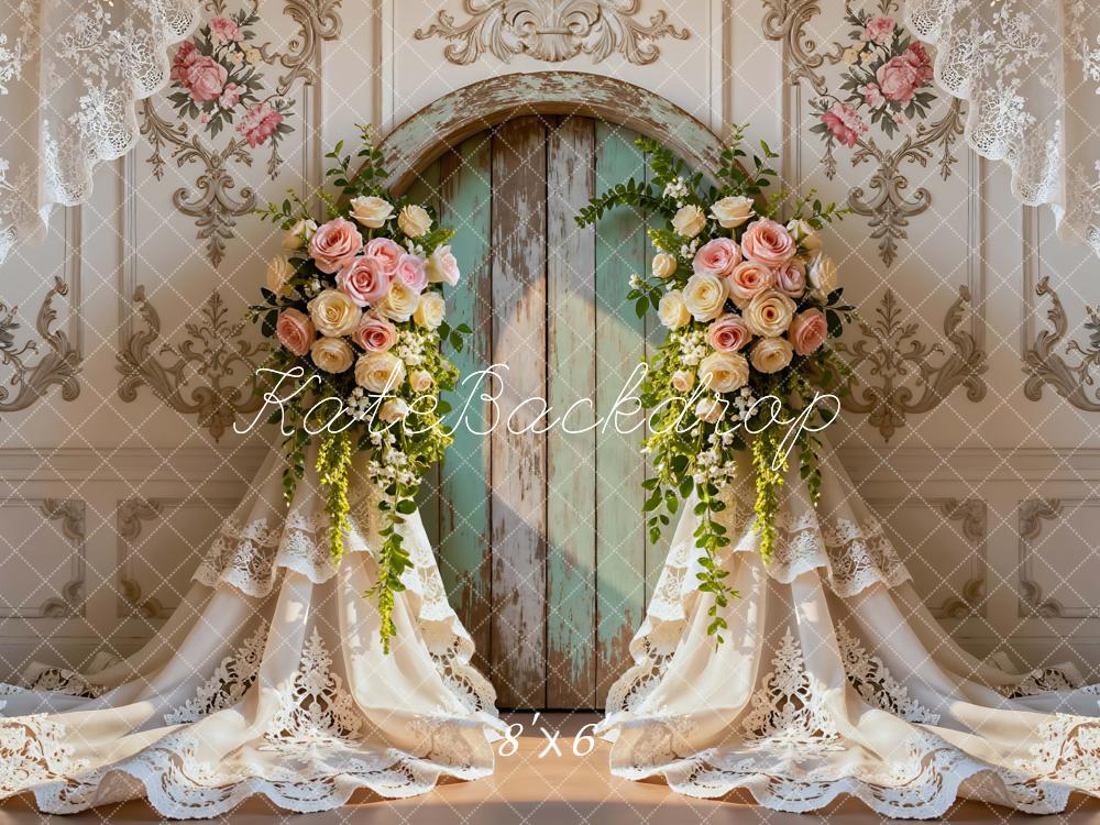 Kate Wedding Flower Arch Lace Curtains Vintage Wall Backdrop Designed by Mini MakeBelieve