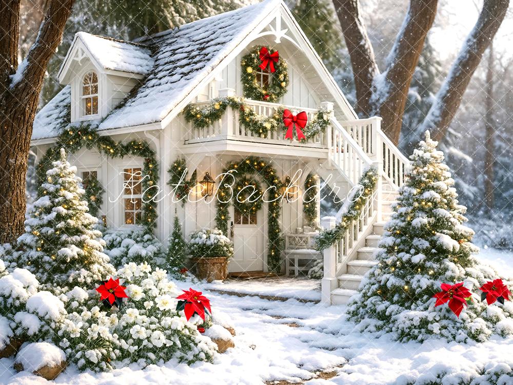 Kate Christmas Snow Cottage Garland Trees Backdrop Designed by Mini MakeBelieve - Kate Backdrop AU