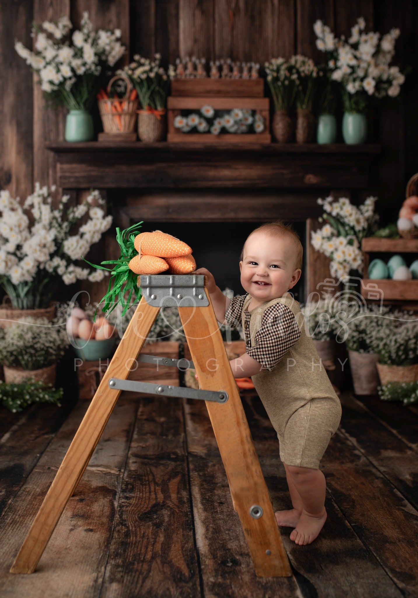 Kate Easter Fireplace Bunny Rustic Floral Backdrop Designed by Emetselch - Kate Backdrop AU