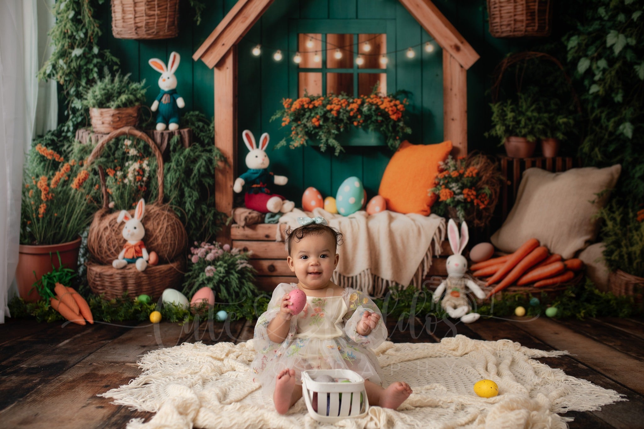 Kate Easter Backdrop Bunny House Basket Blanket Green Designed by Emetselch - Kate Backdrop AU