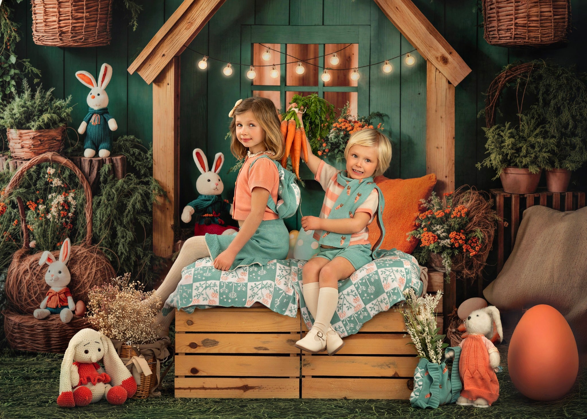 Kate Easter Backdrop Bunny House Basket Blanket Green Designed by Emetselch - Kate Backdrop AU