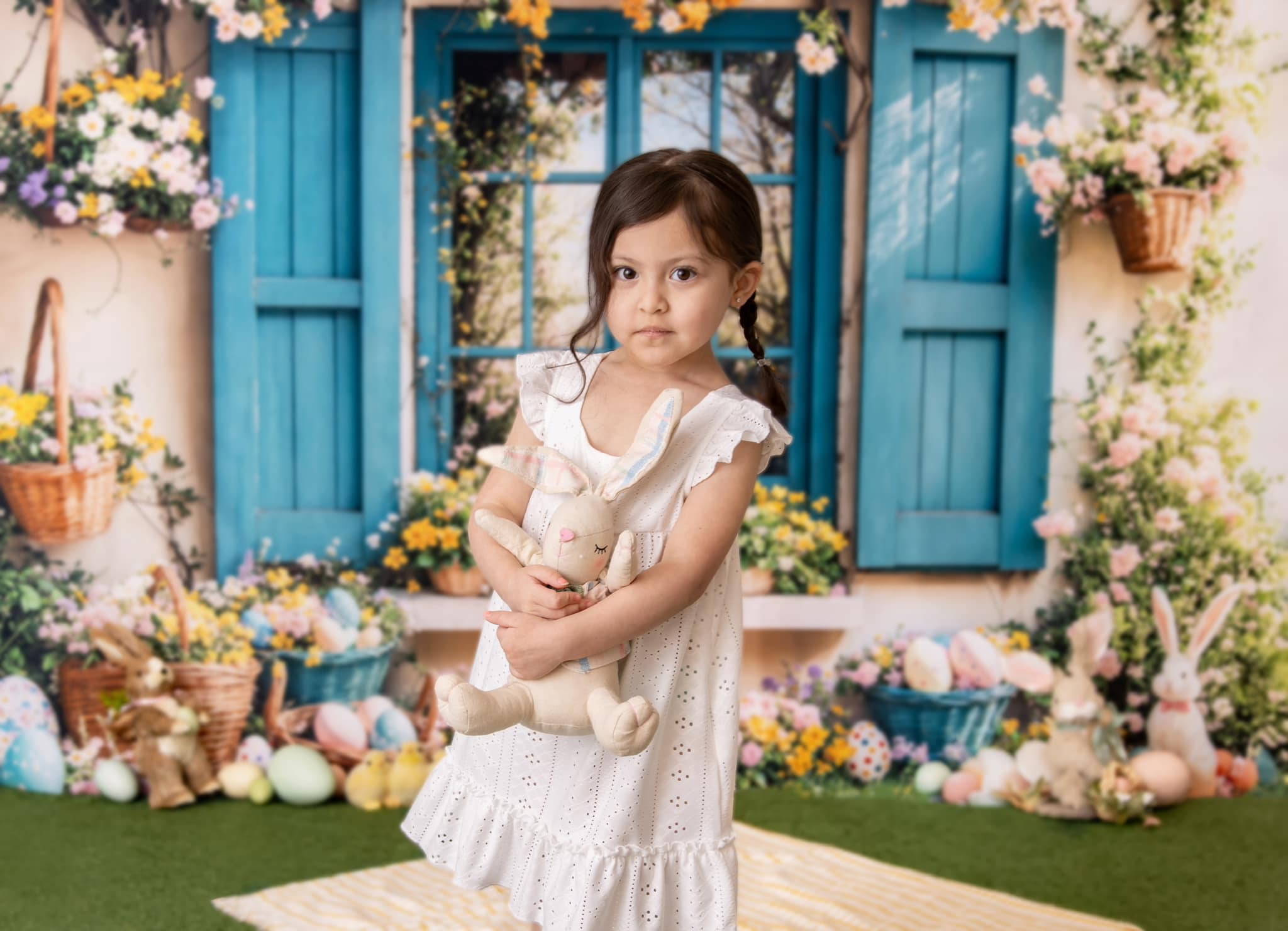 Kate Easter Backdrop Bunny Floral Blue Window Designed by Emetselch - Kate Backdrop AU