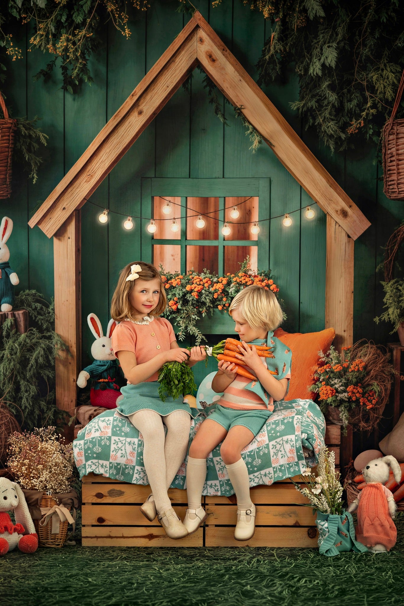 Kate Easter Backdrop Bunny House Basket Blanket Green Designed by Emetselch - Kate Backdrop AU