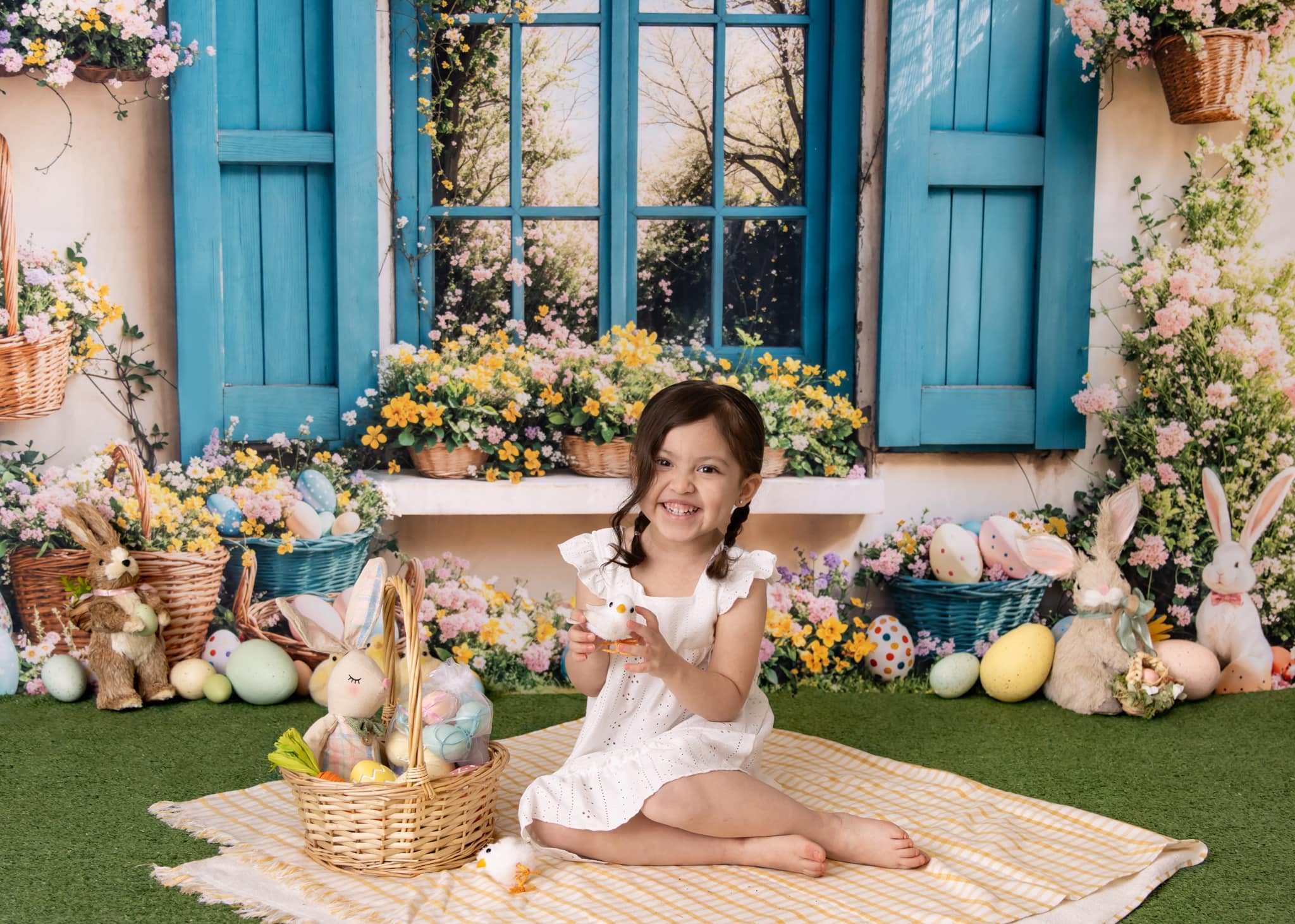 Kate Easter Backdrop Bunny Floral Blue Window Designed by Emetselch - Kate Backdrop AU