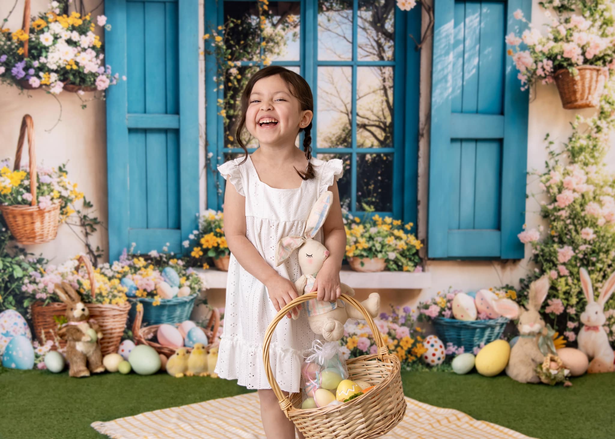 Kate Easter Backdrop Bunny Floral Blue Window Designed by Emetselch - Kate Backdrop AU