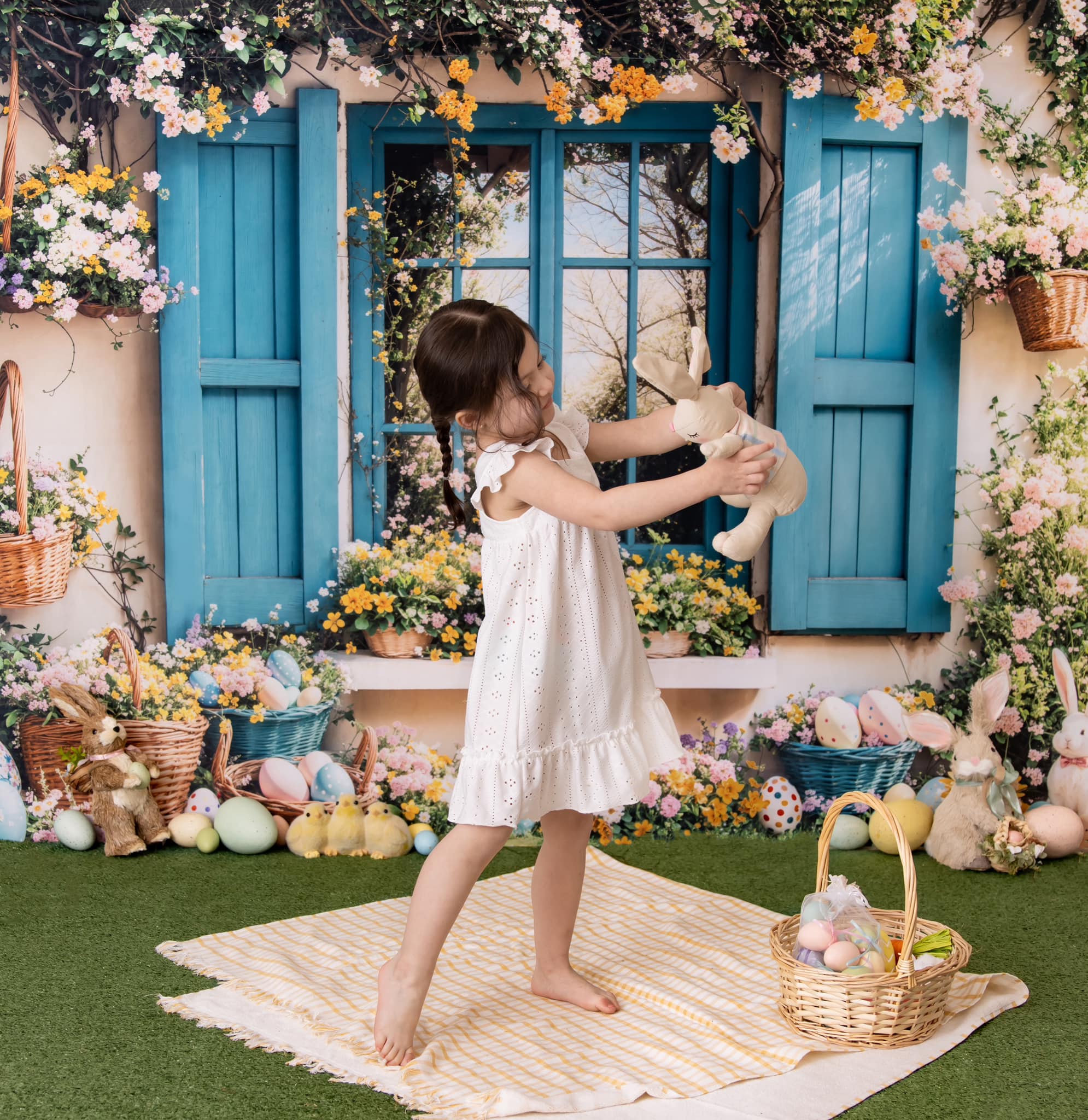Kate Easter Backdrop Bunny Floral Blue Window Designed by Emetselch - Kate Backdrop AU
