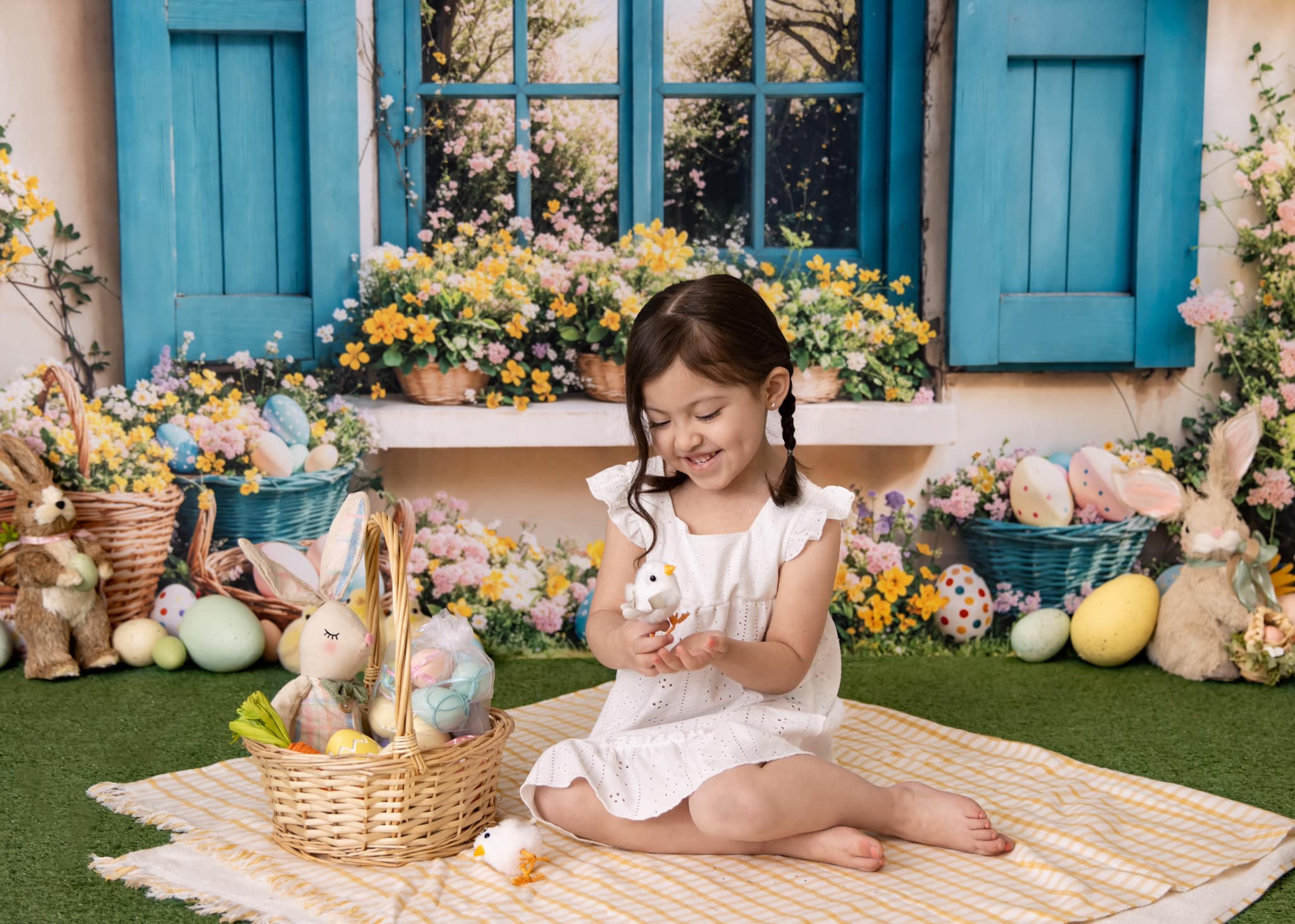 Kate Easter Backdrop Bunny Floral Blue Window Designed by Emetselch - Kate Backdrop AU