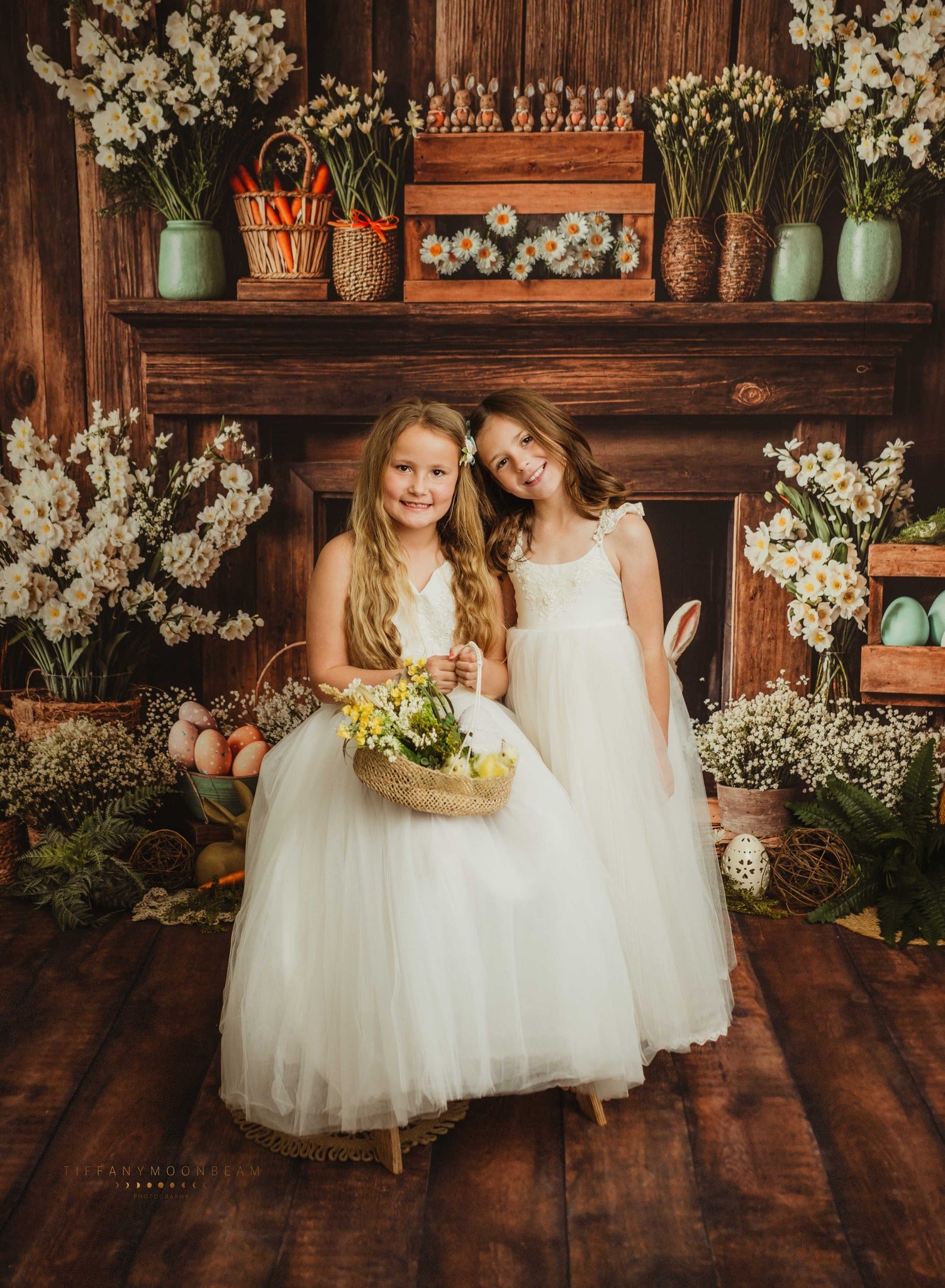 Kate Easter Fireplace Bunny Rustic Floral Backdrop Designed by Emetselch - Kate Backdrop AU