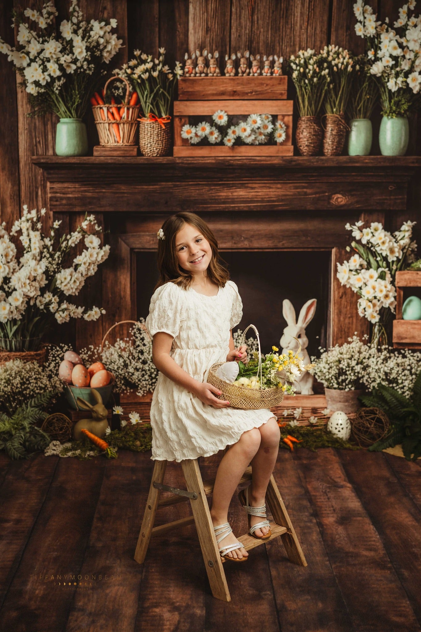 Kate Easter Fireplace Bunny Rustic Floral Backdrop Designed by Emetselch - Kate Backdrop AU