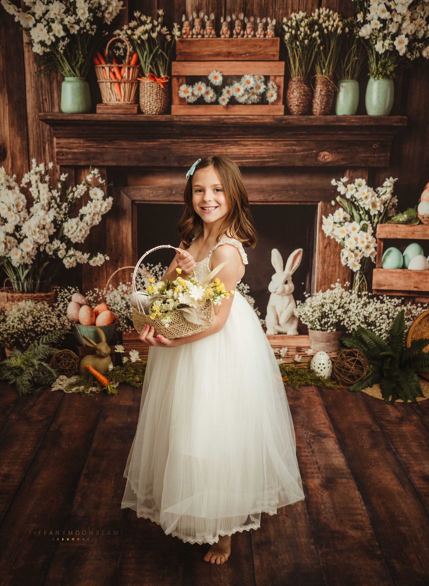 Kate Easter Fireplace Bunny Rustic Floral Backdrop Designed by Emetselch - Kate Backdrop AU