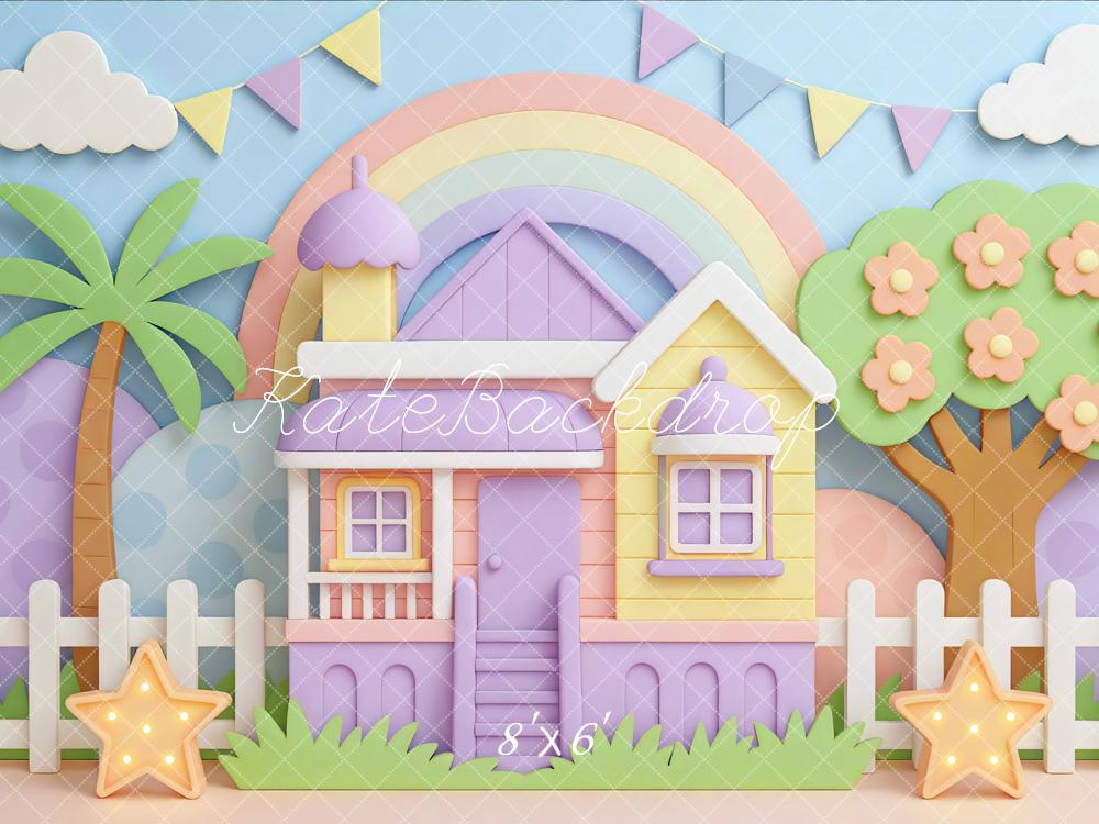 Kate Pastel House Rainbow Palm Tree Backdrop Designed by Mini MakeBelieve - Kate Backdrop AU